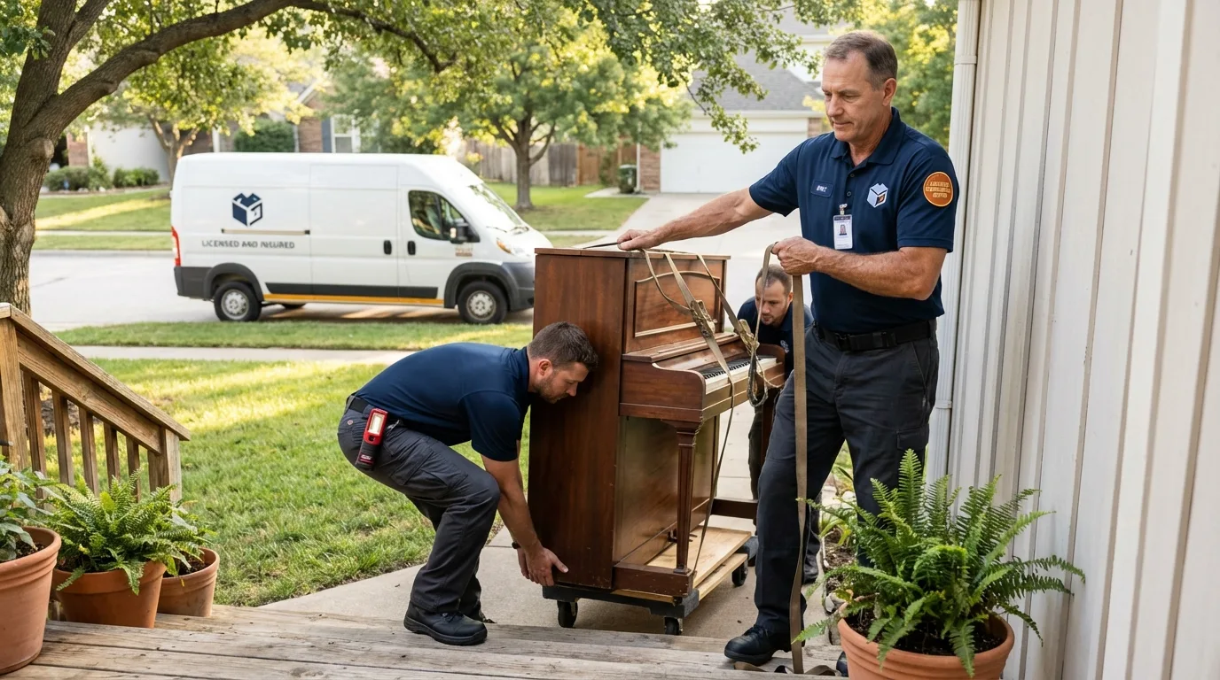 Licensed piano movers securing grand piano in Seneca Falls, NY