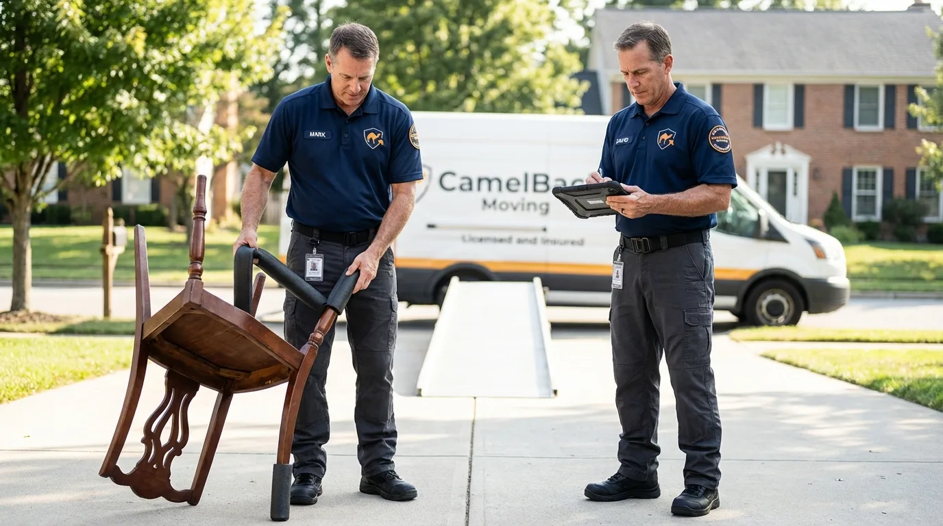 Movers inspecting furniture for damage prevention before loading in Seneca Falls, NY
