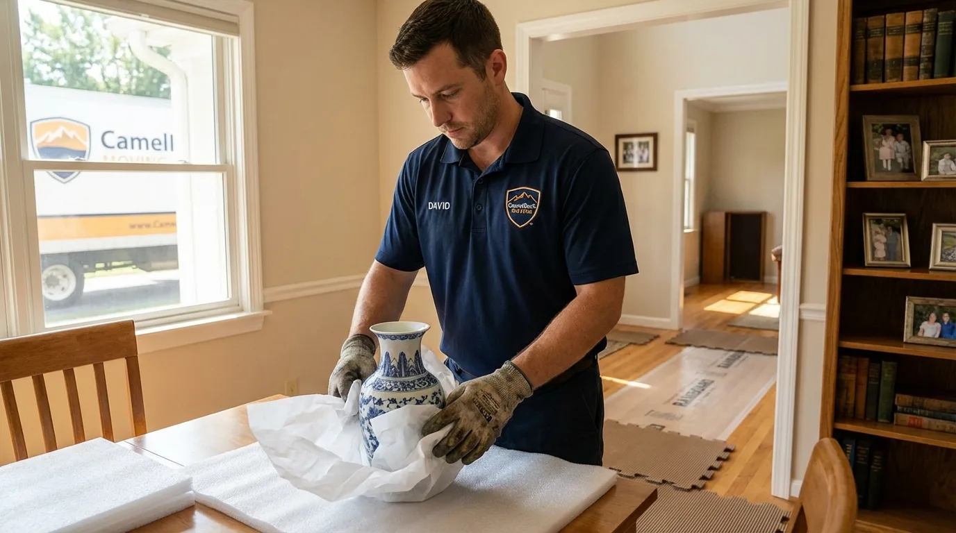 Professional crew carefully wrapping antique vase for senior downsizing move in Seneca Falls, NY